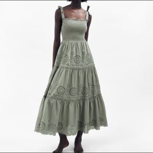Zara smocked eyelet maxi dress